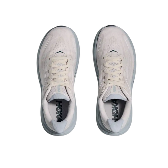 Grey and blue HOKA shoe on white background