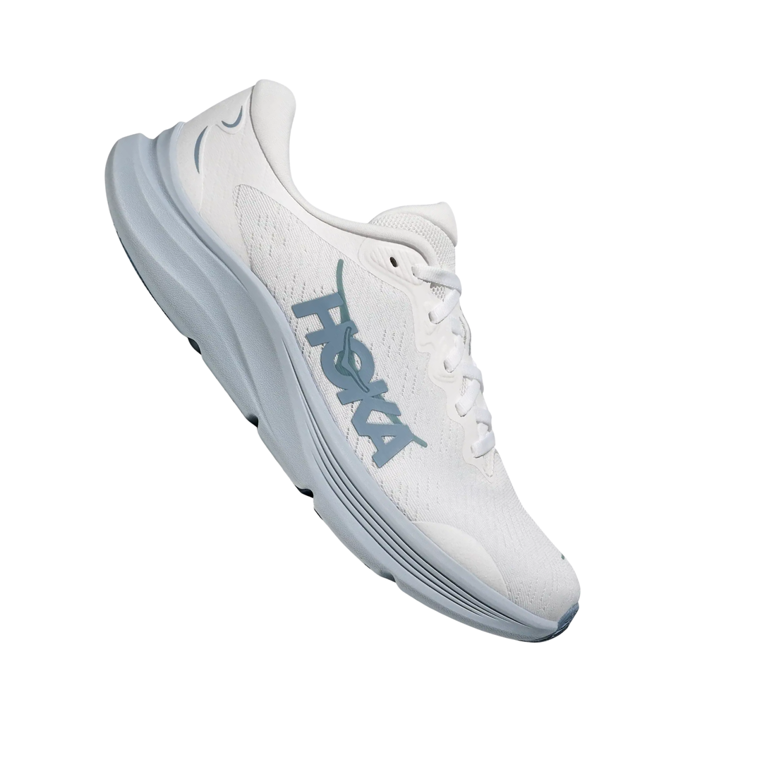 White running shoe with blue logo on a white background