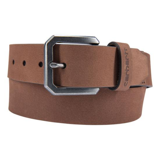 Brown belt with silver buckle on a white background