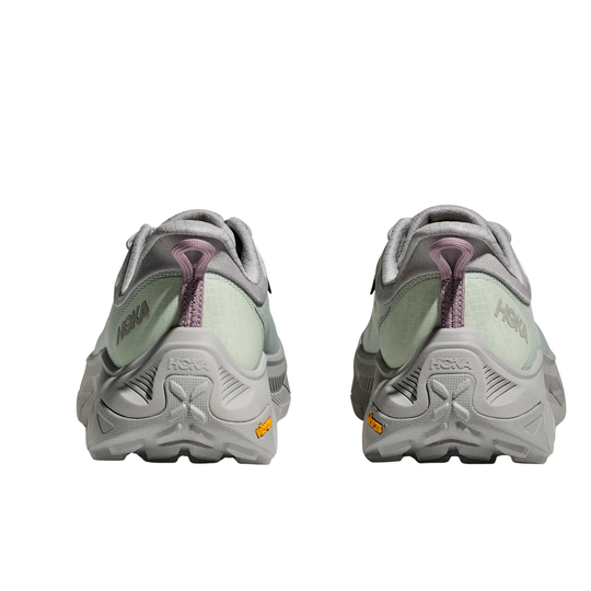 green and grey back of HOKA shoes