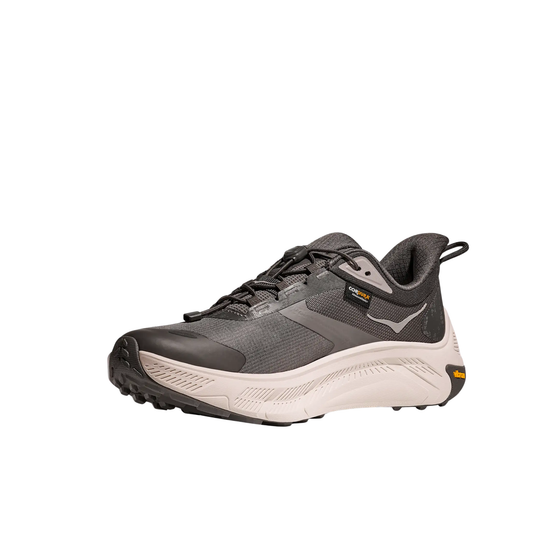 grey and black HOKA shoe with grey bungee lace