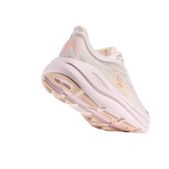 tread of Lilac and orange HOKA shoe