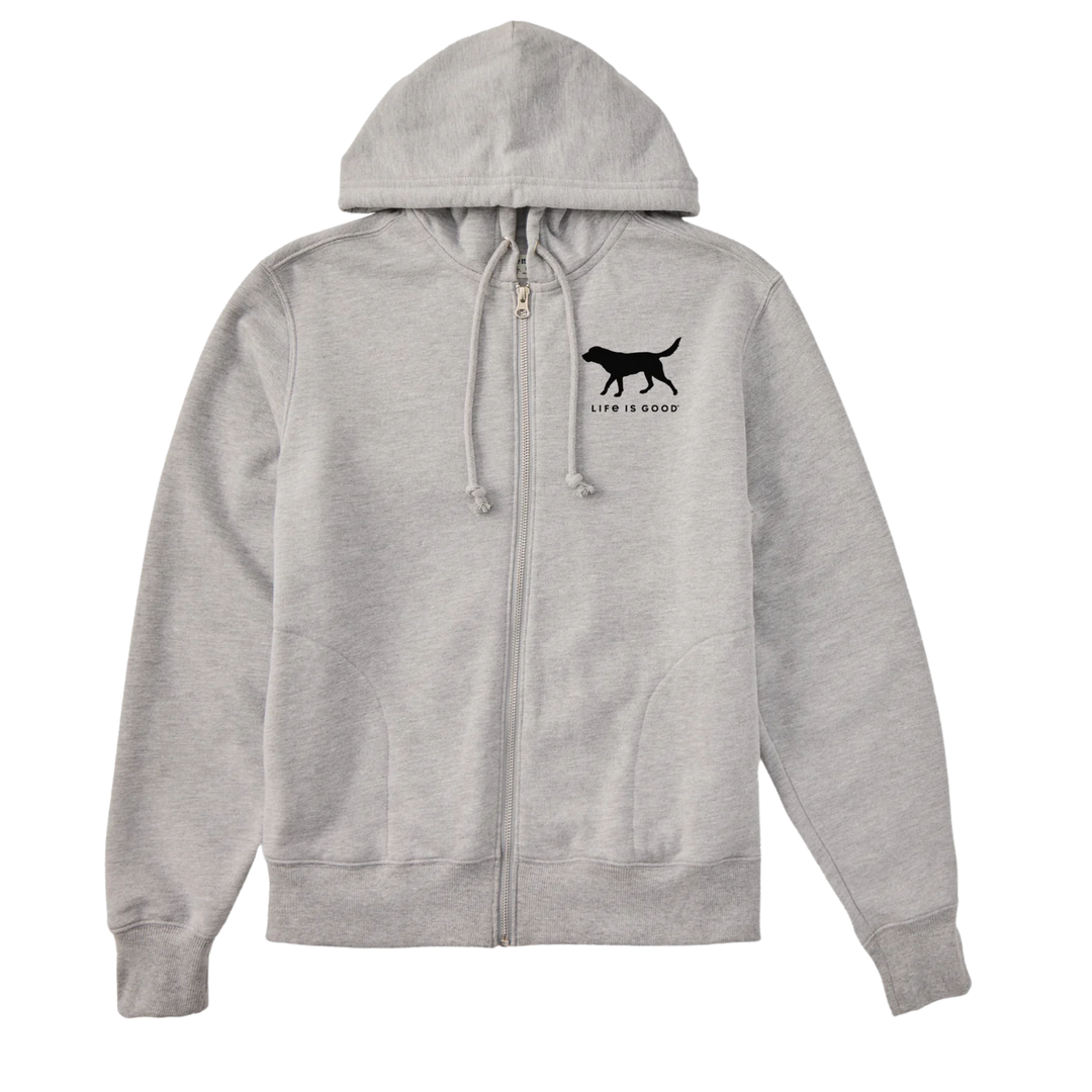 grey zip up hoodie with black dog upper right chest