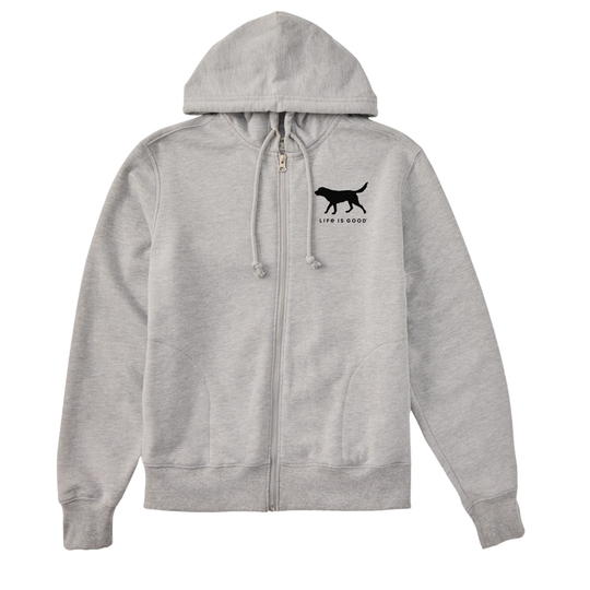 grey zip up hoodie with black dog upper right chest