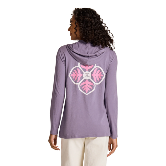 purple hoodie with pink life is good flower design on back