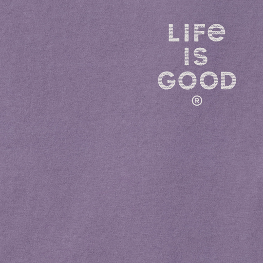 Dusk purple shirt fabric with white "Life Is Good" text logo on the chest