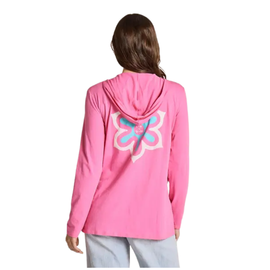 back of pink hoodie with blue flower