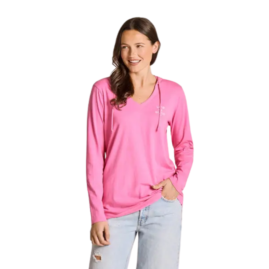 Pink long sleeve V-neck hoodie with small white Life is good logo on chest, shown with light jeans