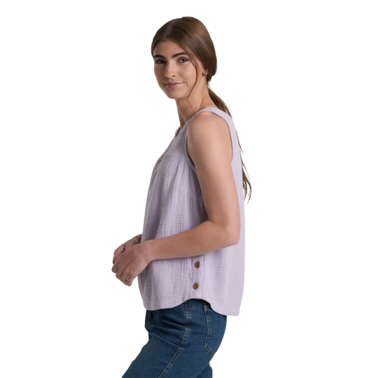 purple tank top with decor buttons on the side