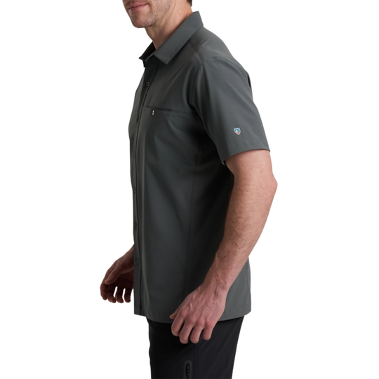 side view of grey button up t shirt