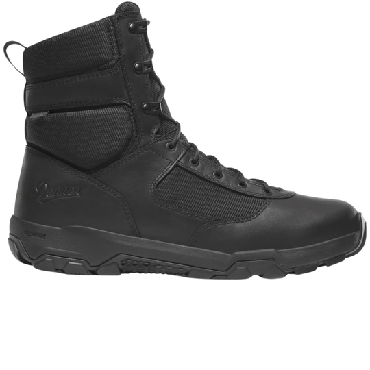 Black tactical boot on a white background