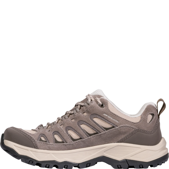 Taupe and beige low hiking shoe with suede overlays, mesh panels, and black lug sole; side text reads ASCENT.