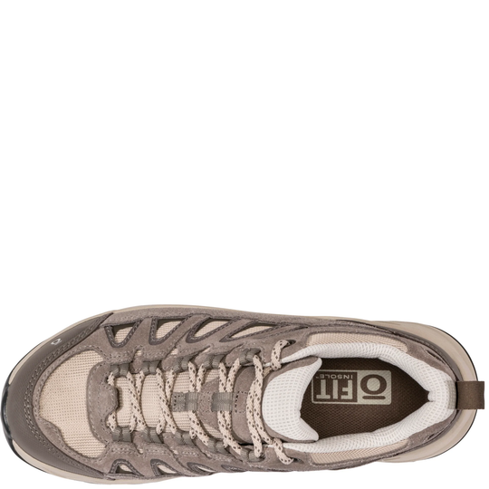 Top view of a brown and beige hiking shoe with bungee laces and a padded collar