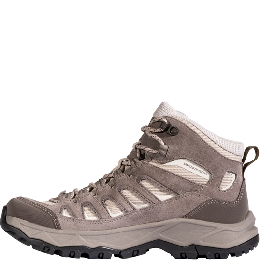 Mid-height waterproof hiking boot in taupe and gray with suede panels, mesh upper, and rugged treaded sole