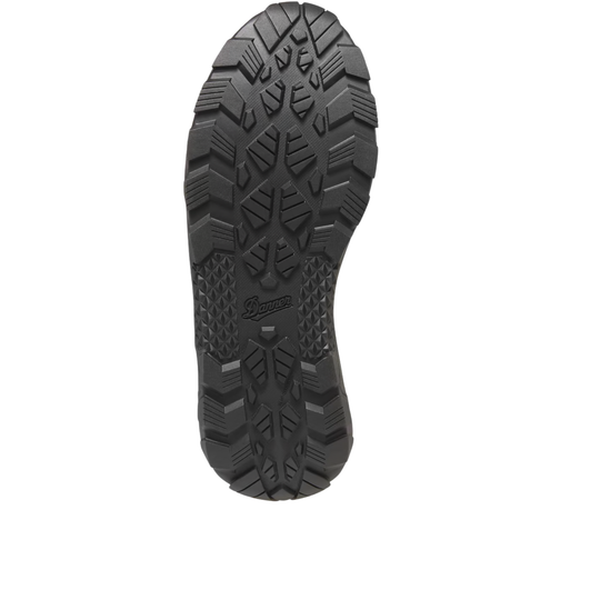 Black boot outsole with rugged tread and visible Danner logo