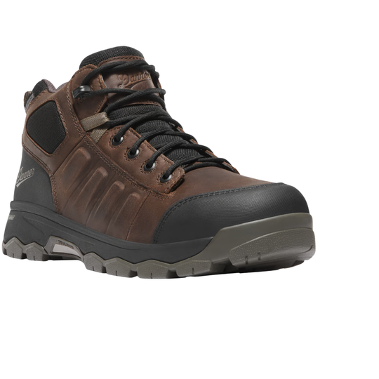 Brown and black hiking work boot with black laces, padded collar, and a composite-style safety toe