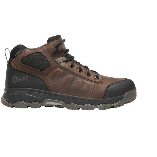 Brown and black leather work boot with a composite toe, lace-up design, and rugged tread sole