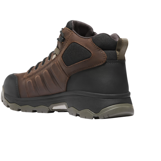 Brown and black hiking work boot with metal toe cap, padded collar, and lugged sole
