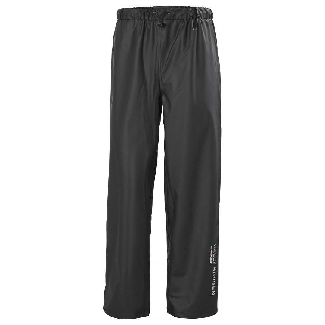 Black rain pants with a visible brand logo on a white background