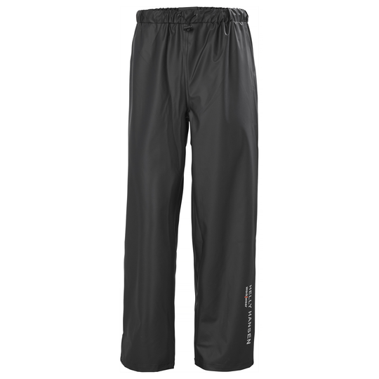 Black rain pants with a visible brand logo on a white background