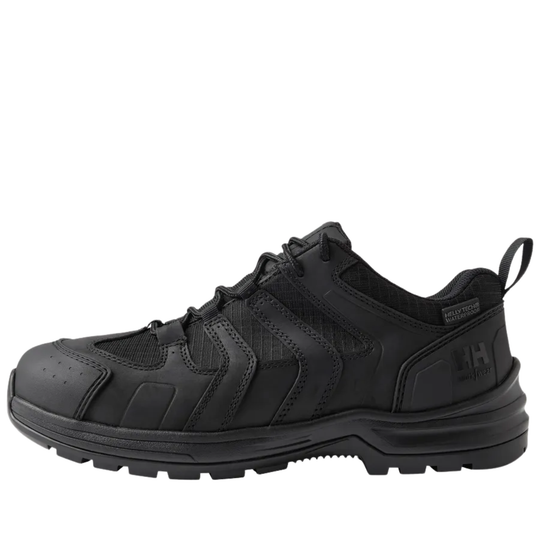 Black low hiking work shoe with rugged outsole, bungee laces, and heel pull tab