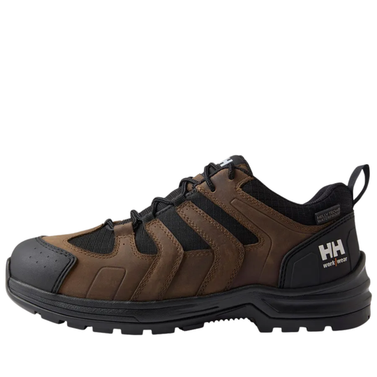 brown and black work shoe with HH logo on heel