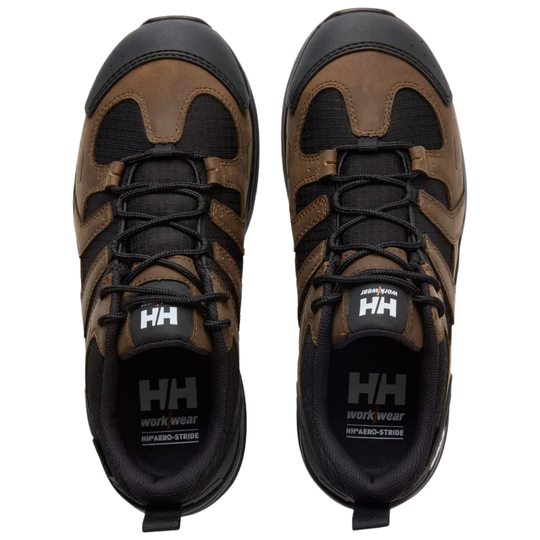 top view of brown and black work shoes