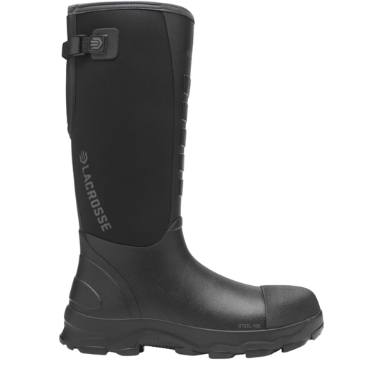 Black rubber boot with a visible brand logo on a white background
