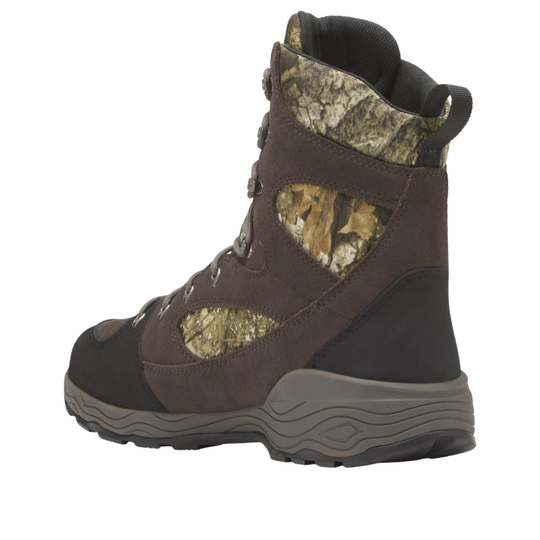 Brown and camo lace-up hunting boot with black toe cap and thick treaded sole, side view