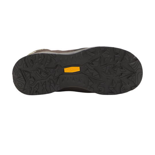 Black boot outsole with deep tread and a yellow LACROSSE label