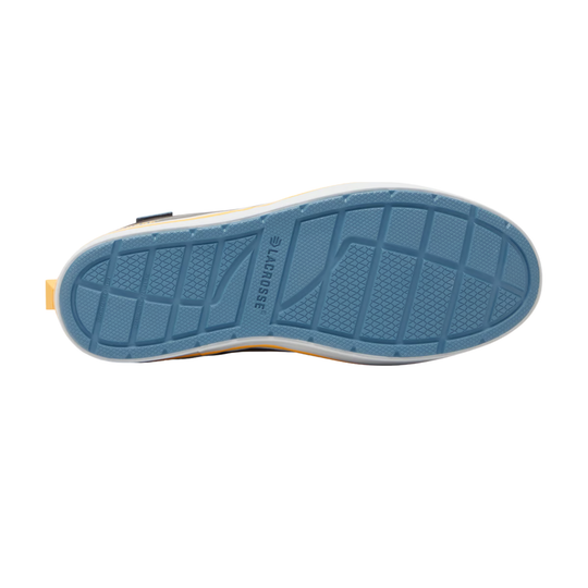 grey deck boot bottom view of blue sole