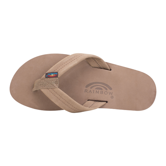 top view of dark brown flip flop with rainbow sandal logo