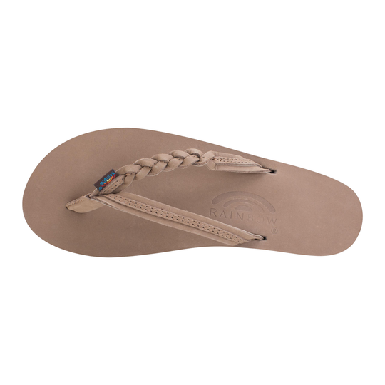 top view of dark brown flip flop with rainbow sandal logo