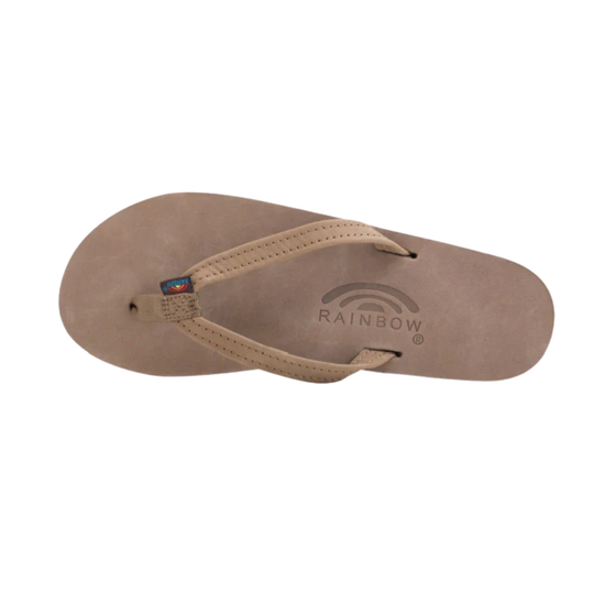top view of dark brown flip flop with rainbow sandal logo