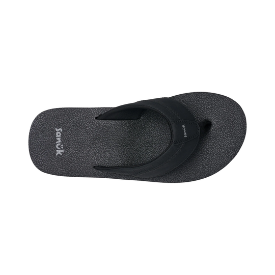 Black thong sandal with textured footbed and visible Sanuk logo