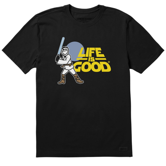 black t-shirt with life is good Jake holding a lightsaber 
