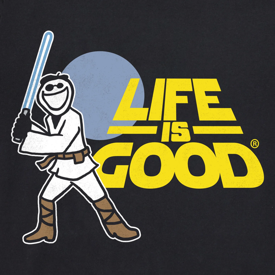 Black graphic T-shirt with a cartoon figure holding a lightsaber and the text "LIFE IS GOOD"