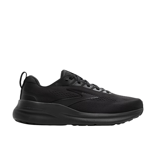 Black running shoe with on a light gray background