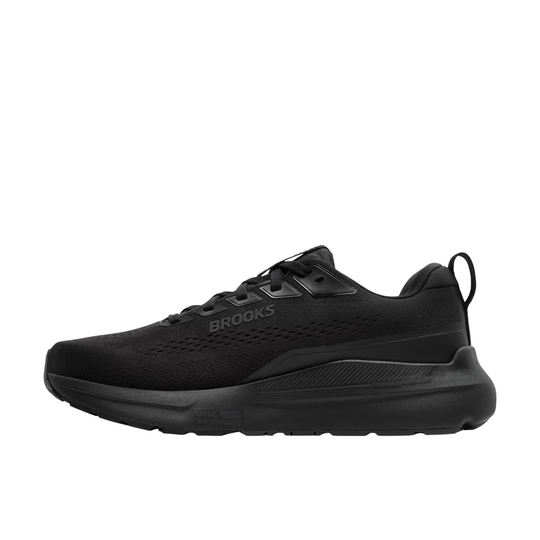 Black running shoe with on a light gray background