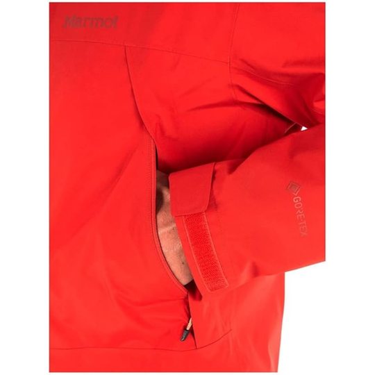 Close-up of a red jacket with GORE-TEX branding on a white background