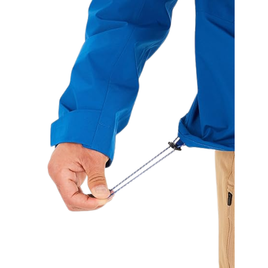 Person wearing a blue jacket with a bungee being adjusted on a white background