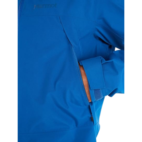 Close-up of a blue jacket with a brand logo on a white background