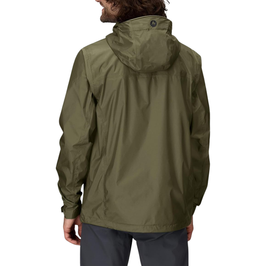 Green raincoat worn by a person on a white background