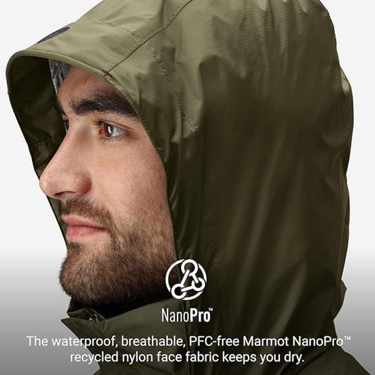 Man wearing a green raincoat with NanoPro logo and text