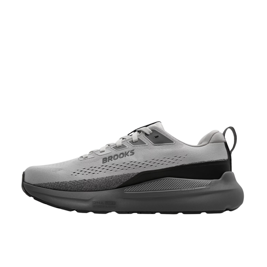 Gray running shoe with black sole, lace-up upper, and visible Brooks branding