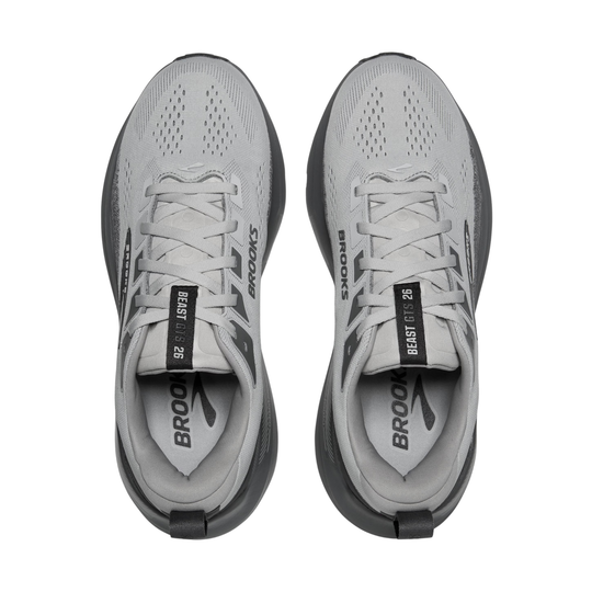 Gray running shoe with black laces, a white midsole, and Brooks logo on the side