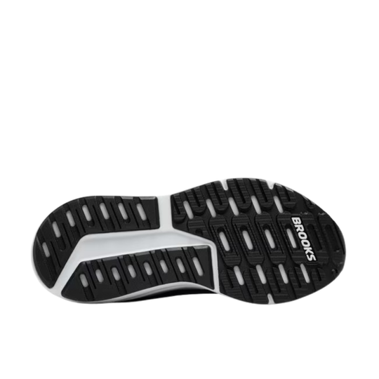 Black and white sole of a shoe with 'Brooks' branding on a white background