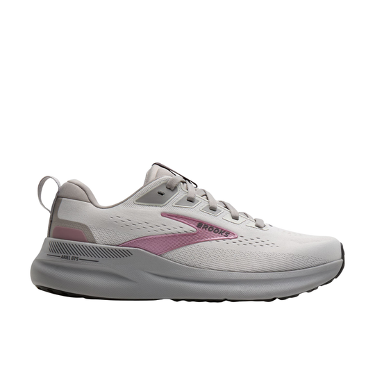 Grey running shoe with pink accents on a white background