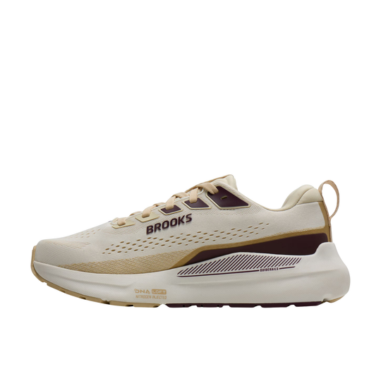 Cream and tan running shoe with burgundy accents, side view, with Brooks branding
