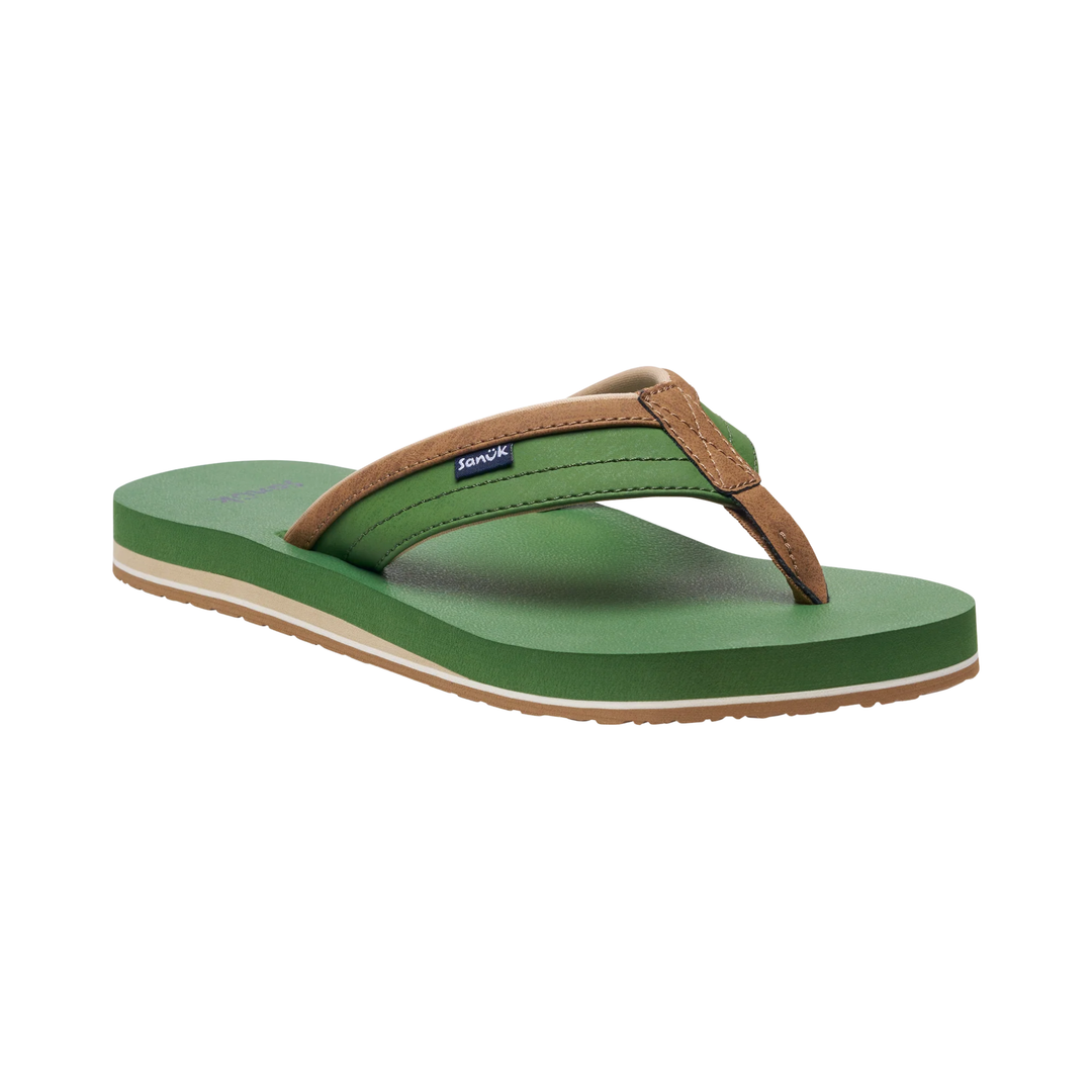Green sandal with brown strap on a white background